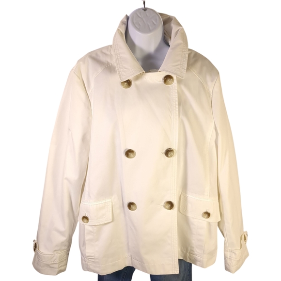 Land End Cropped Trench Rain Jacket Ivory Double Breasted SZ XL - Picture 2 of 8